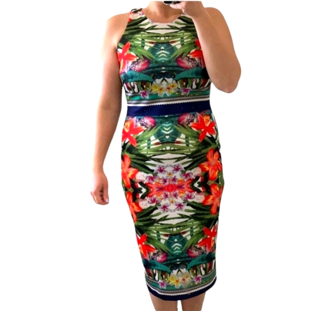New York & Company Women  Red And Green Floral Sleeveless Midi Dress Size XS
